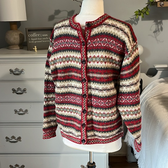 Vintage Crystal Kobe Shetland Wool Sweater Nordic Red Fair Isle Womens Small - Picture 8 of 16